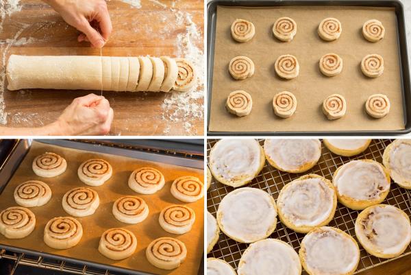 Slicing and baking cinnamon roll coo<em></em>kies.