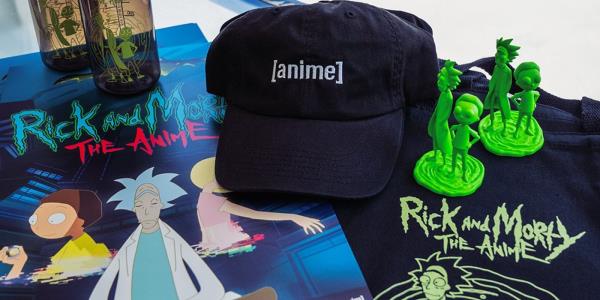 Rick and Morty the Anime Merchandise Available Exclusively through the Rickmobile, including hats, posters, figurines, shirts and water bottles