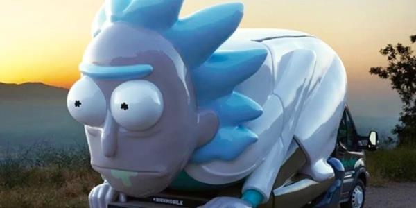 The Rickmobile, a Truck Shaped Like Rick from Rick and Morty, Parked in the Sunset