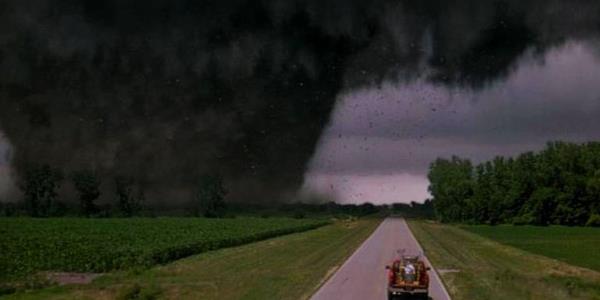 A car approaches a Tornado in Twister 1996