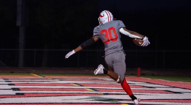 Mo<em></em>ntgomery wide receiver Emasi Rabukawaqa flys into the end zone against St. Vincent de Paul High on Friday, Sept. 22, 2023 in Santa Rosa. (Nicholas Vides / For The Press Democrat)