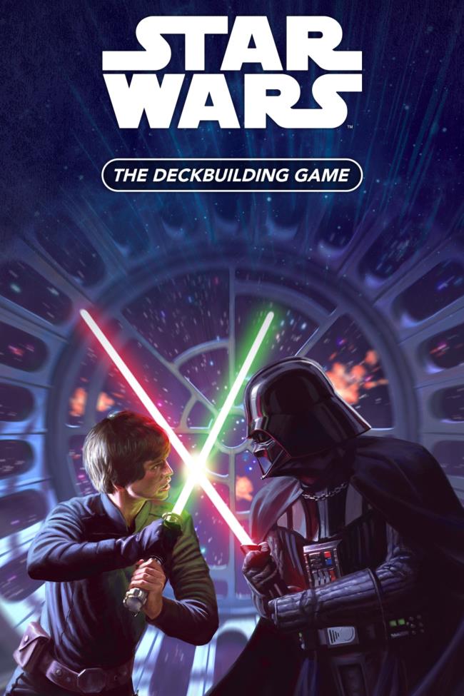 luke skywalker and darth vader fighting with lightsabers on the star wars: The deckbuilding game box